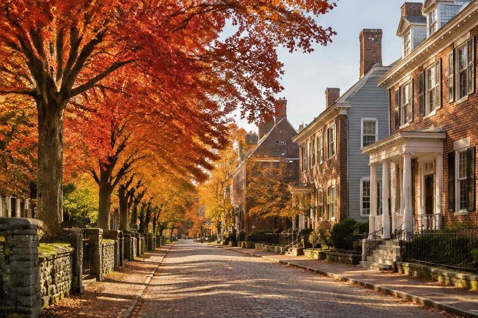 Illustrative tree-lined New England streetscape with warm fall light.