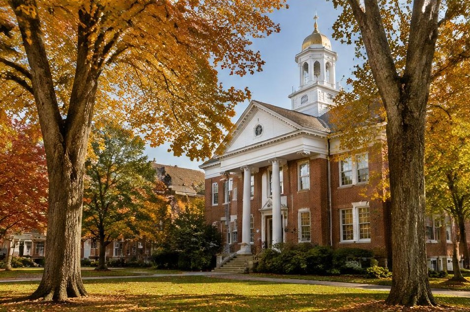New England brick architecture framed by mature golden trees.