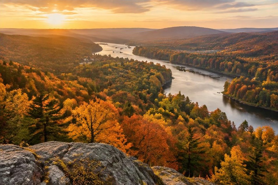 Late-afternoon light on a winding river and forested Connecticut hills.
