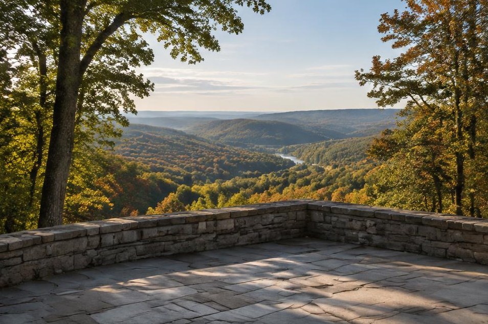 A stone terrace overlooking a broad, sunlit woodland valley.