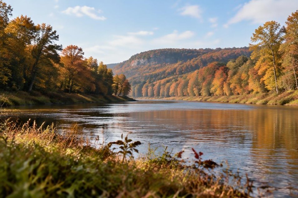 Soft light along a calm river lined with New England fall foliage.