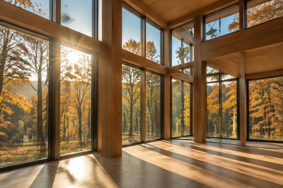 Directional sunlight through contemporary timber windows onto autumn woods.