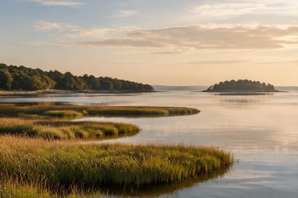 Quiet New England estuary with soft light across water and grasses.