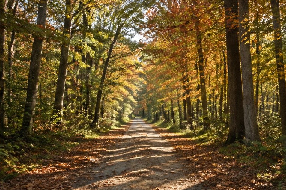 A warm, sunlit path beneath the New England tree canopy.