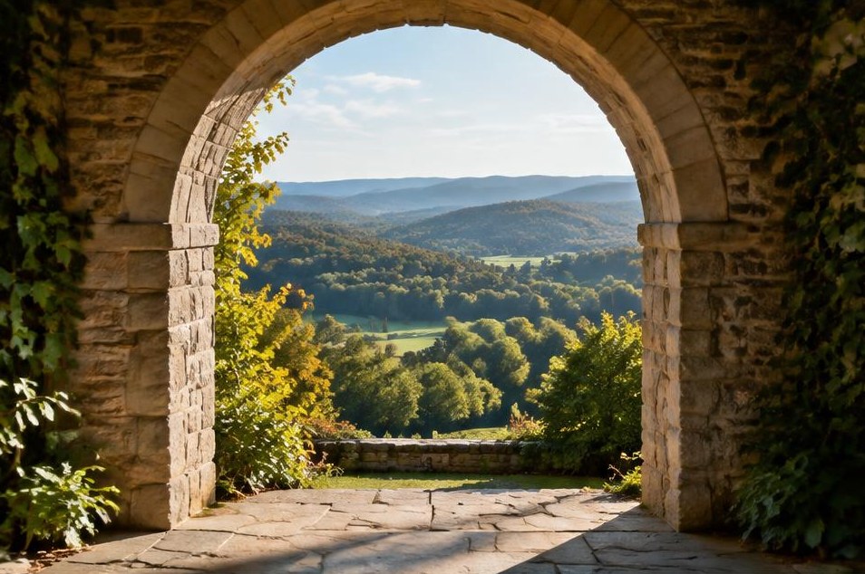 A stone arch opening onto a sunlit New England valley.