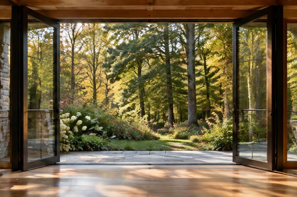 Open glass doors leading to a bright, wooded garden.