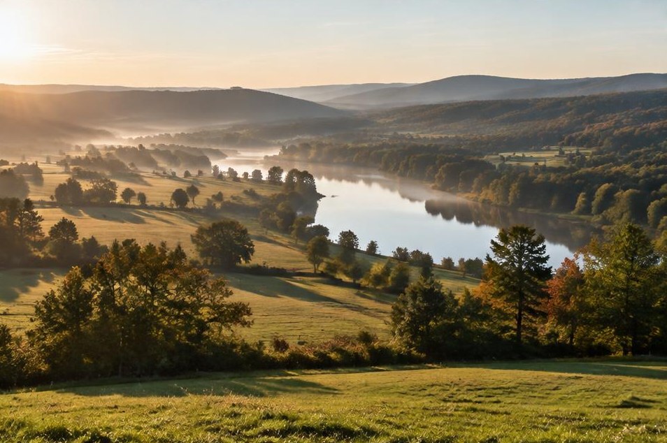 Morning light opening across a river valley and rolling wooded hills.