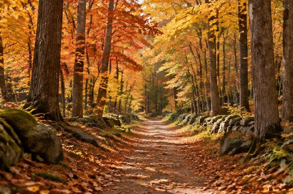 A warmly lit path beneath red and gold autumn trees.