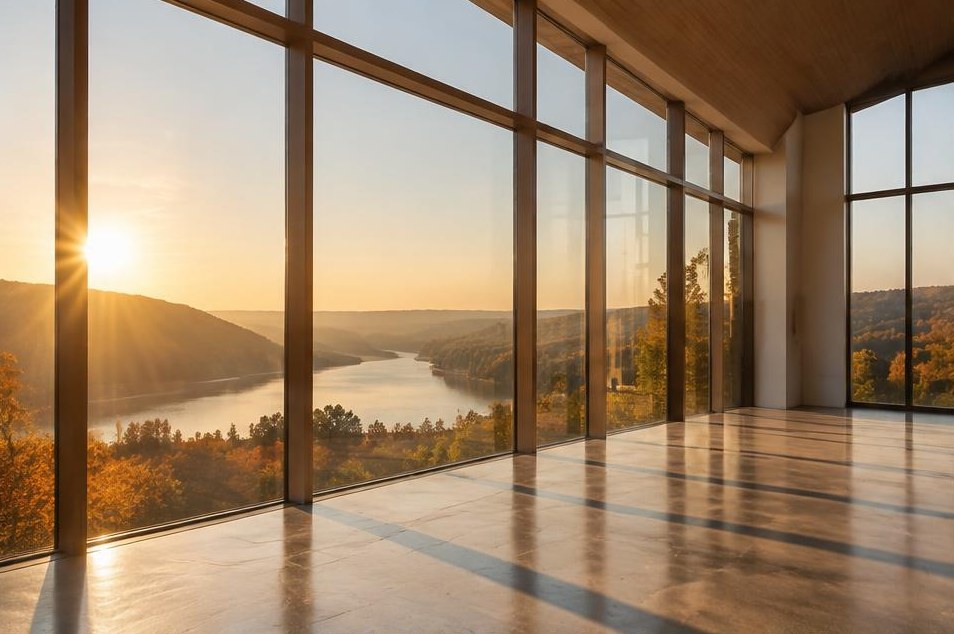 Sunlight through expansive architectural windows above a river valley.