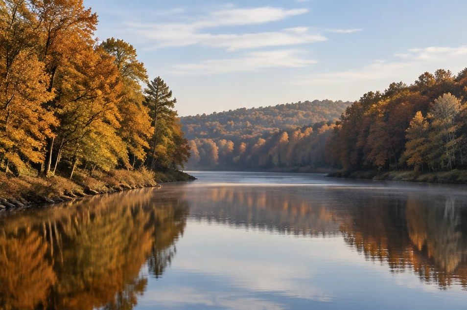 Golden maples reflected in a still Connecticut river.
