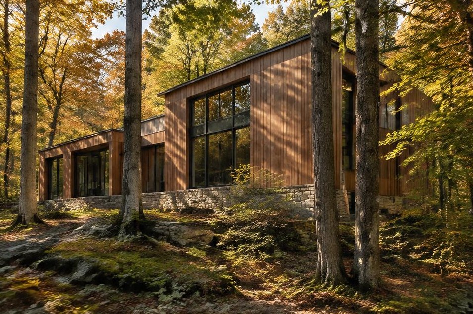 Contemporary cedar architecture surrounded by a sunlit autumn forest.