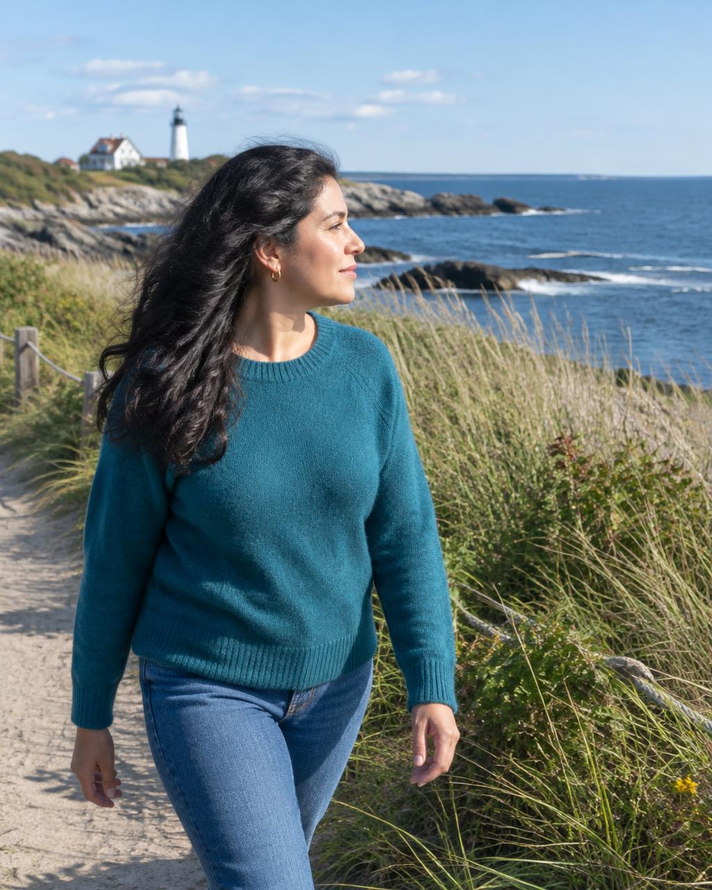 Illustrative candid scene of an adult walking beside coastal grasses.