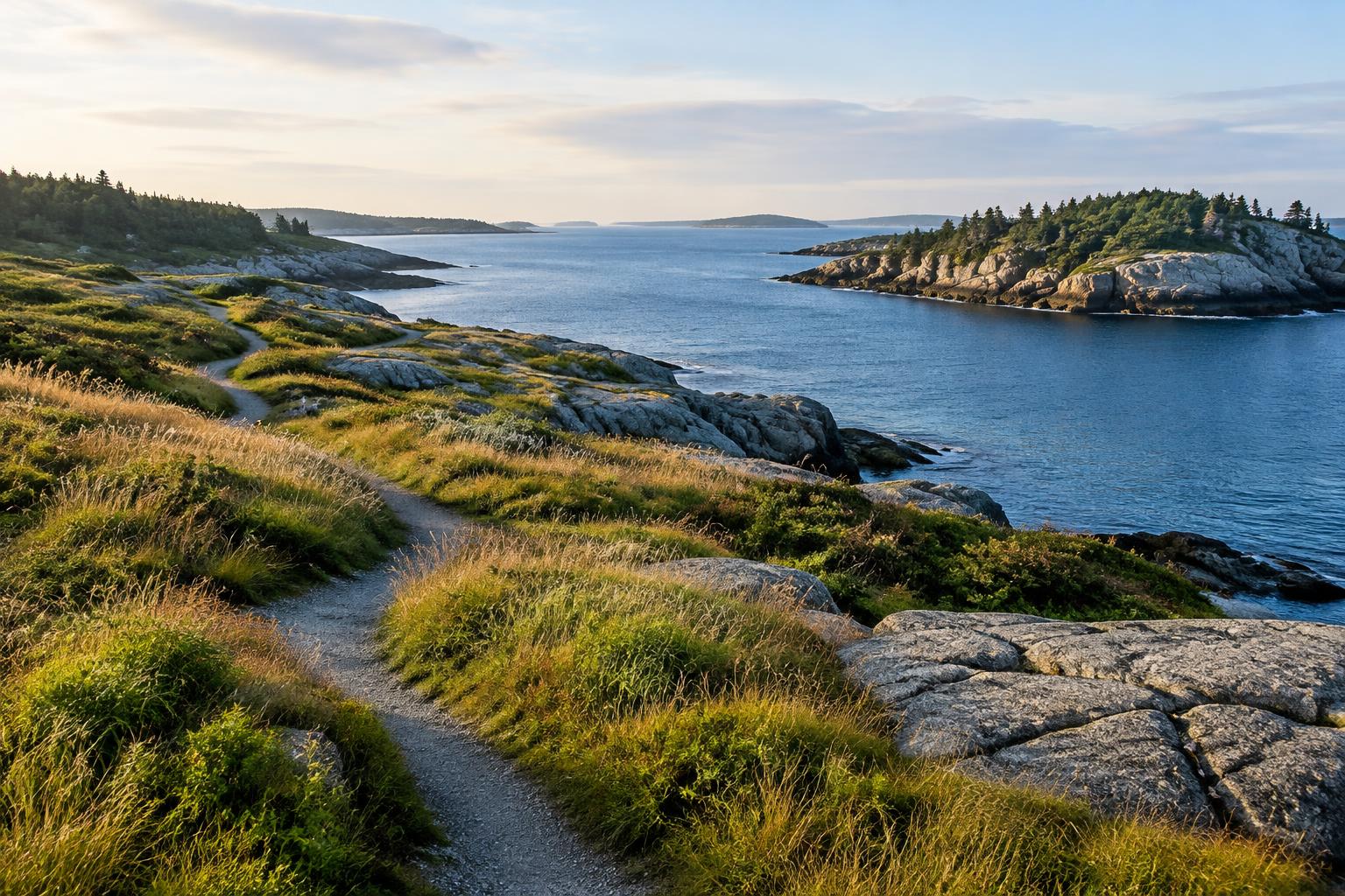 Illustrative New England coastal paths above a blue cove.