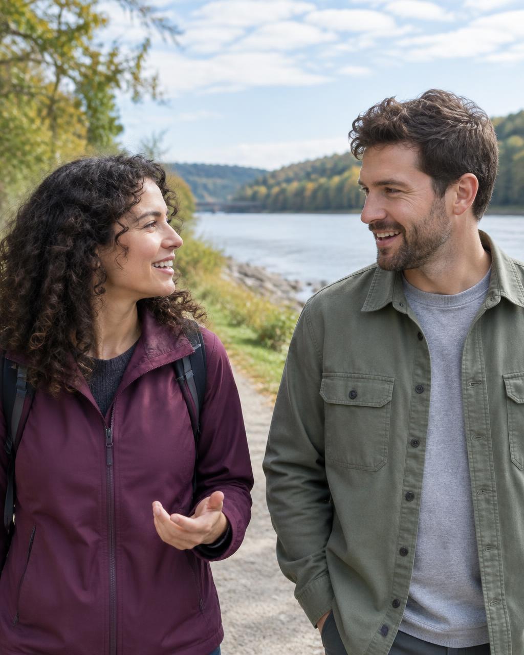 Illustrative candid scene of two adults talking on a riverside walk.