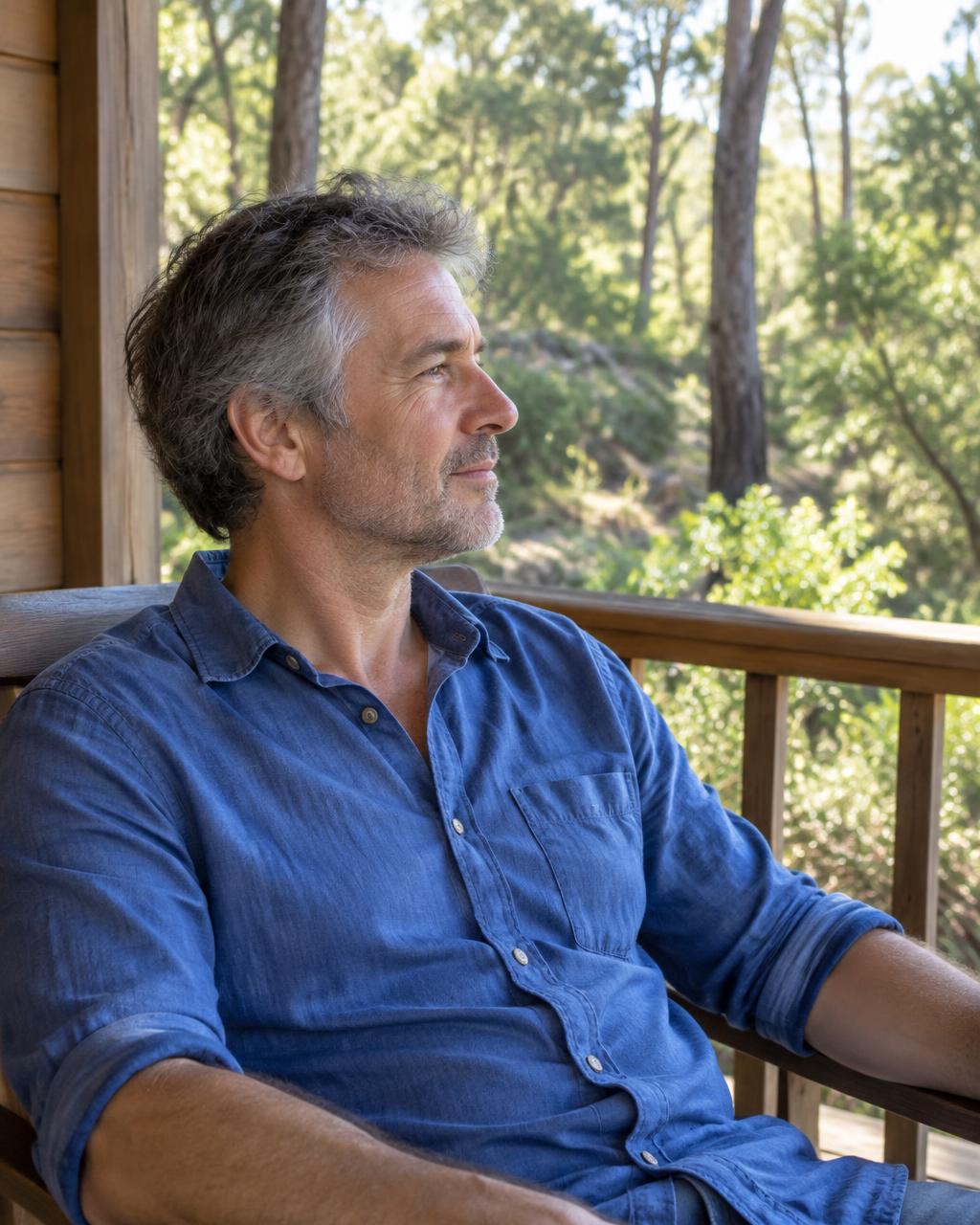 Illustrative candid scene of an adult looking toward woodland from a veranda.