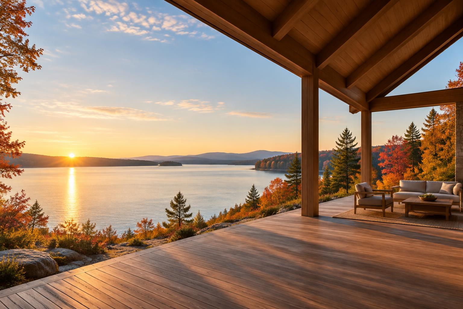 Illustrative New England timber pavilion overlooking a lake at sunrise.