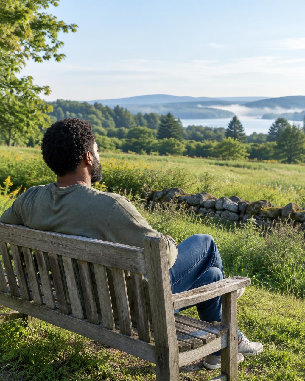 Illustrative candid scene of an adult looking across a meadow from a bench.