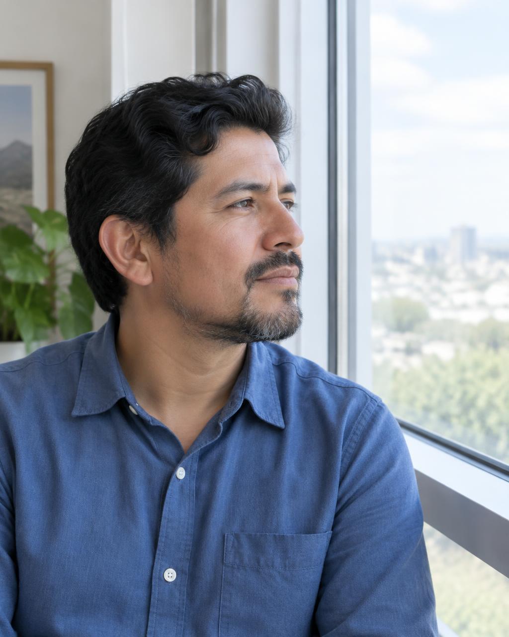 Illustrative candid scene of an adult looking outside from a bright window.