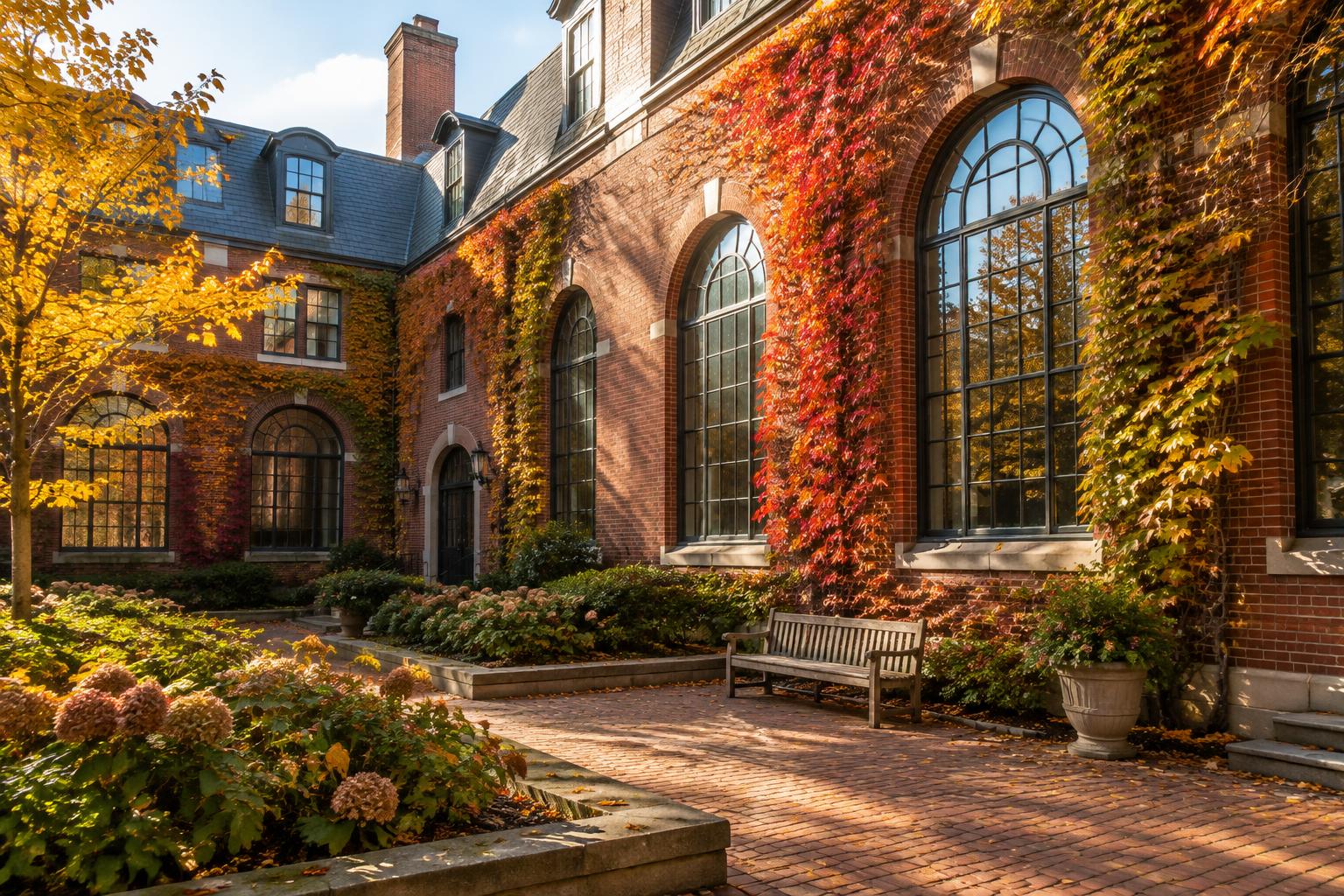 Illustrative anonymous New England brick courtyard with autumn vines.