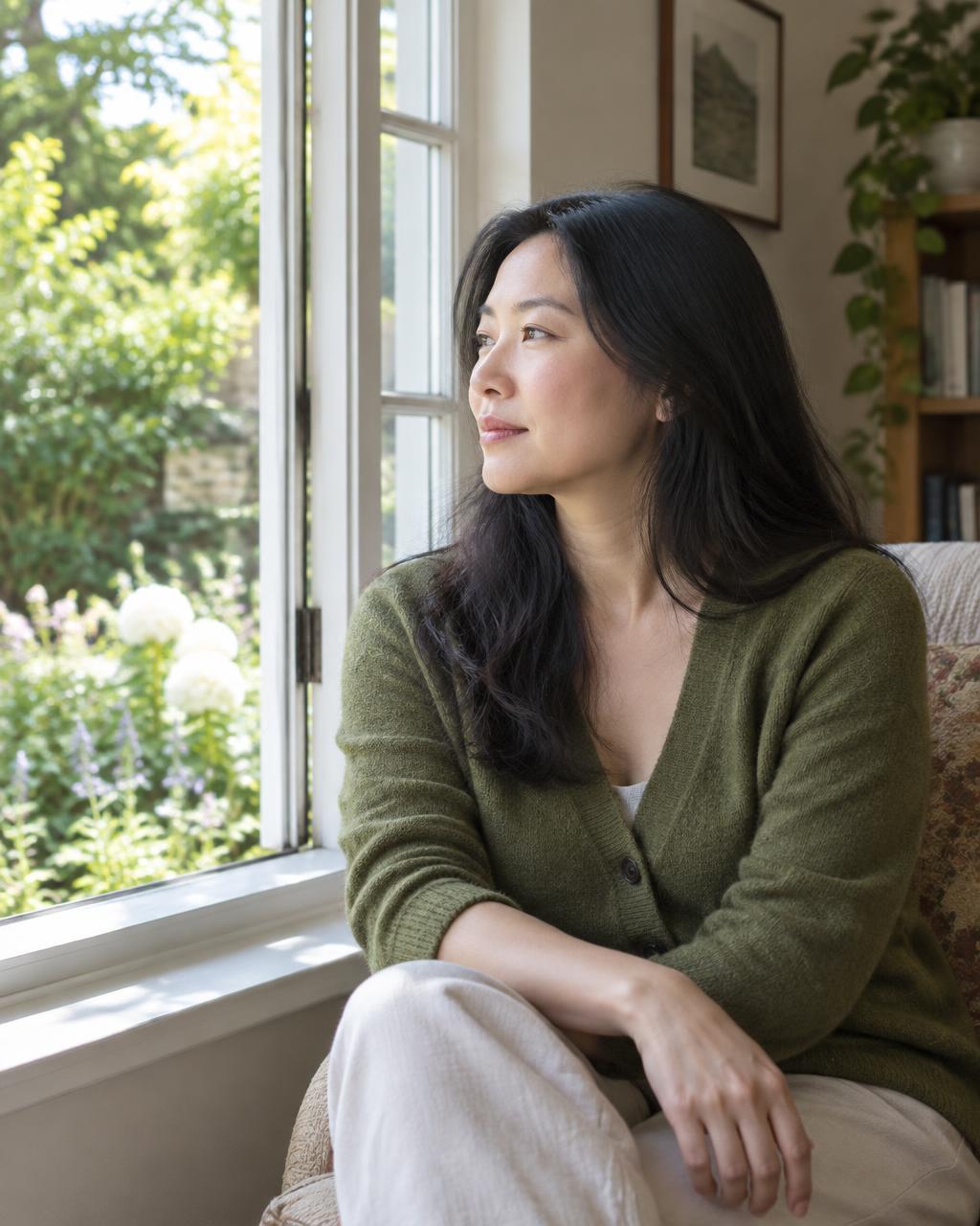 Illustrative candid scene of an adult looking into a garden from a sunlit window.