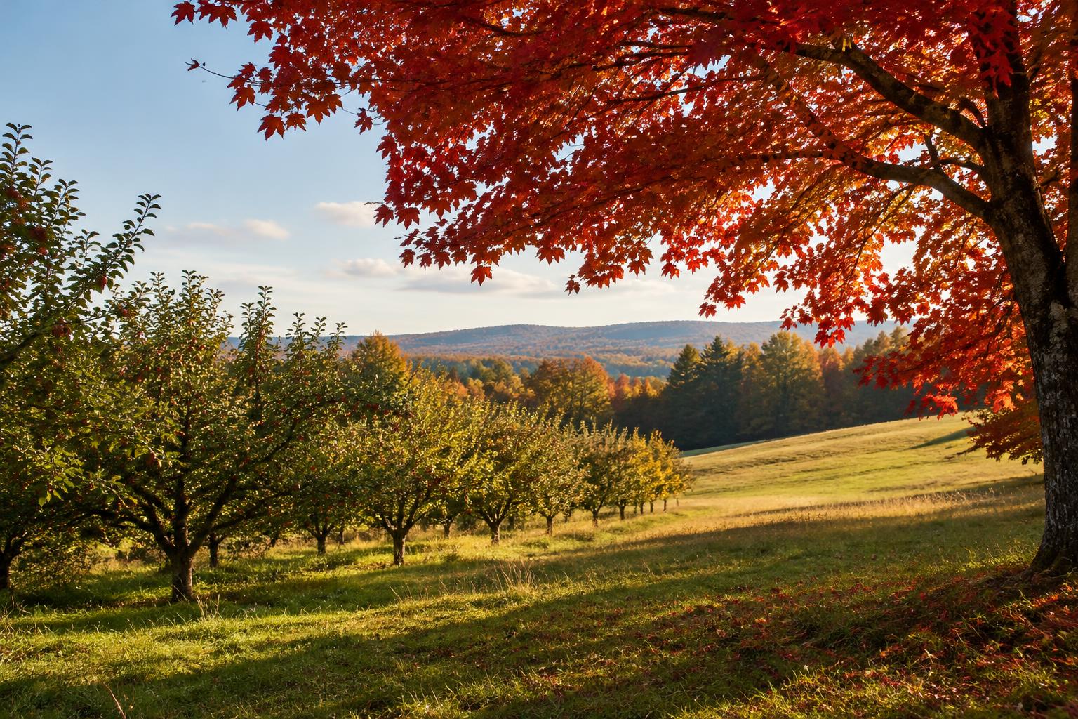 Illustrative sunlit orchard and maple canopy in New England.